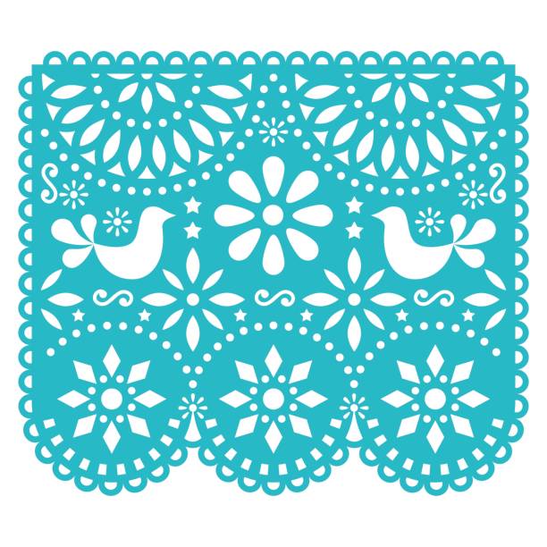 Papel Picado vector template design, Mexican paper decorations with birds and flowers, traditional fiesta banner in turquoise Traditional banner form Mexico, Cut out floral composition isolated on white papel picado illustrations stock illustrations