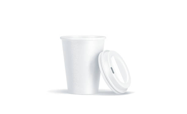 Blank white disposable paper cup with opened plastic lid Blank white disposable paper cup with opened plastic lid mock up isolated, 3d rendering. Empty polystyrene coffee drinking mug mockup front view. Clear tea take away package, cofe branding template. billy bowlegs iii stock pictures, royalty-free photos & images