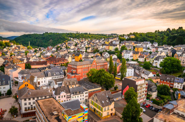 Panoramic aerial view of Idar-Oberstein at sunset, Germany