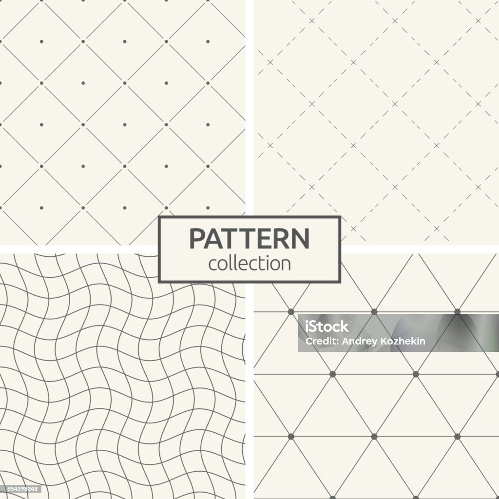 Set of four seamless patterns. Set of four seamless patterns. Abstract geometrical trendy vector backgrounds. Linear style. Modern stylish textures with triangles, dots, wavy lines, dotted lines, rhombuses made of lines and dots. Pattern stock vector