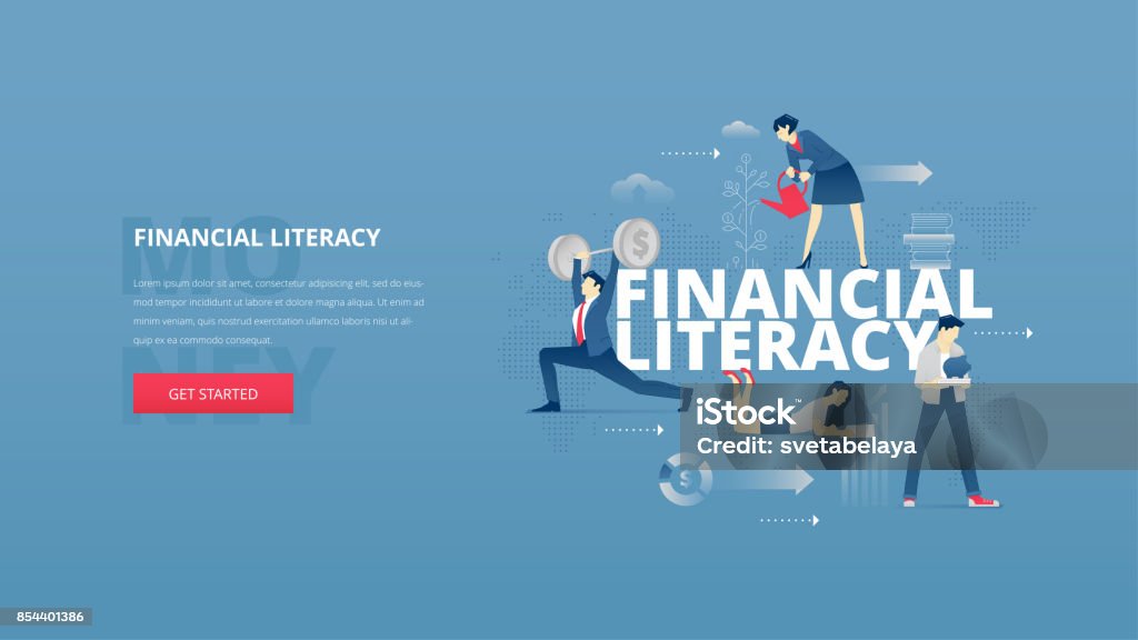 Financial literacy hero banner Illustrative hero banner of education process. Educational hero website header with young men and women characters around word 'education' over digital world map Financial Literacy stock illustration