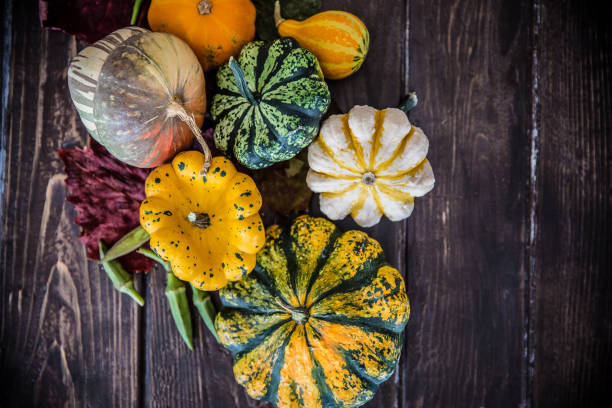 istock Colorful pumpkins decoration on wooden table 854405224