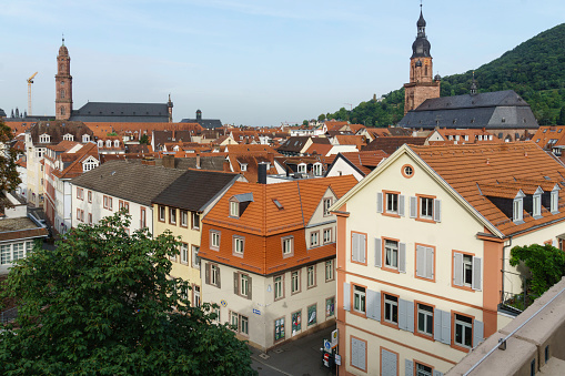 High angle view of the roof tops of the historic city of Heidelberg, Germany.