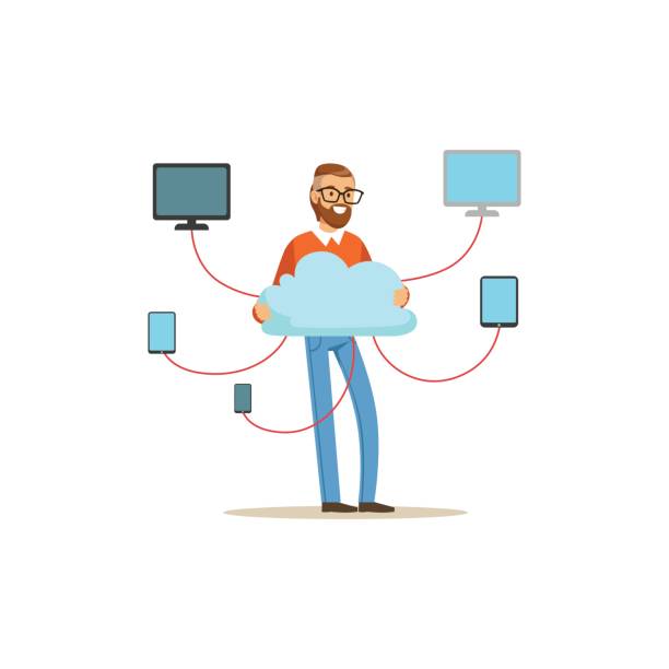 Network engineer administrator working in data center, cloud computer connection hosting server database synchronize technology vector illustration Network engineer administrator working in data center, cloud computer connection hosting server database synchronize technology vector illustration isolated on a white background synchronize stock illustrations