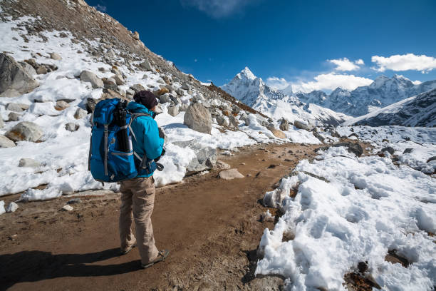 istock Trekker approaching Amadablan mount in Khumbu valley on a way to Namche Bazar 854409880