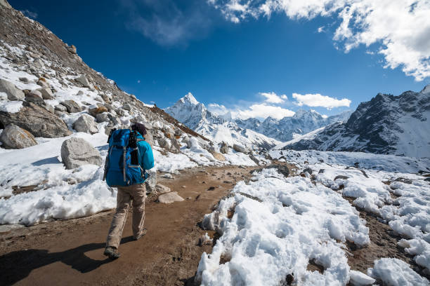 istock Trekker approaching Amadablan mount in Khumbu valley on a way to Namche Bazar 854409896