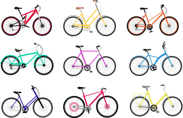 Bicycle Set Design Flat Isolated Bicycle set design flat isolated. Bike and bycicle, cycling and bicycle isolated, bicycle race, bicycle wheel, bicycle sport, transportation bicycle, mountain bicycle, travel bicycle illustration cycling borders stock illustrations