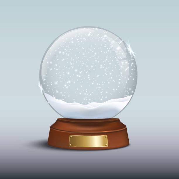 istock Snow globe with shiny snow and golden badge on brown wooden base. Vector Christmas design element. 854414258