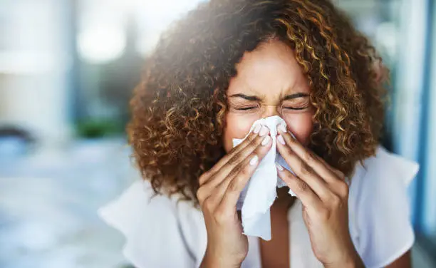 Shot of a frustrated businesswoman using a tissue to sneeze in while being seated in the office