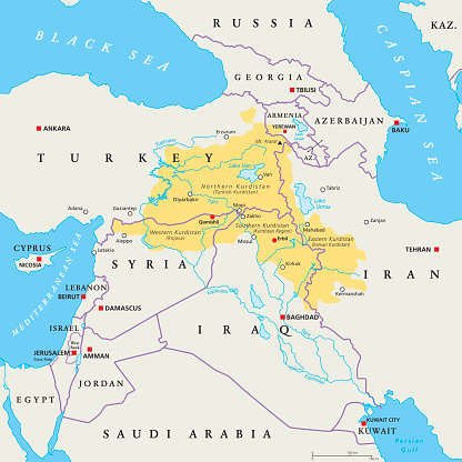 Kurdistan region political map. Kurdish inhabited areas in the middle east. Northern, Western, Eastern and Southern Kurdistan in Turkey, Syria, Iraq and Iran. English labeling. Illustration. Vector.