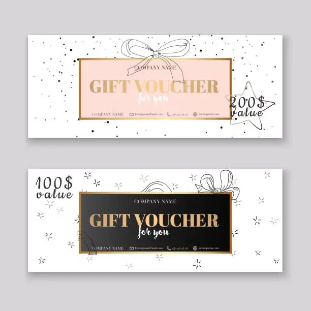 Vector illustration of Gift voucher template with gold background. Background design coupon, voucher, certificate, invitation, currency. Vector illustration.