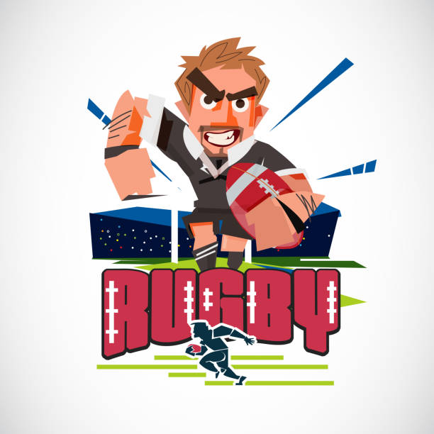 ilustrações de stock, clip art, desenhos animados e ícones de rugby player with rugby ball character design . logotype - vector illustration - rugby cartoon team sport rugby field