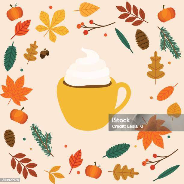 Hello Autumn Cup Of Coffeelatte Autumn Leafs On The Background Flat Design Modern Vector Illustration Concept Stock Illustration - Download Image Now