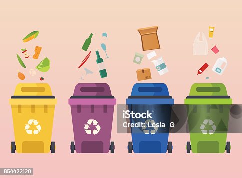 istock Recycle garbage bins. Waste types segregation recycling: organic, paper, glass waste. Flat design modern vector illustration concept. 854422120