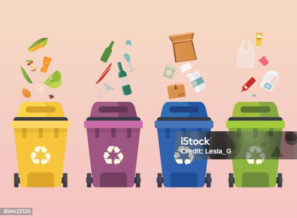 Recycle Garbage Bins Waste Types Segregation Recycling Organic Paper Glass Waste Flat Design Modern Vector Illustration Concept Stock Illustration - Download Image Now