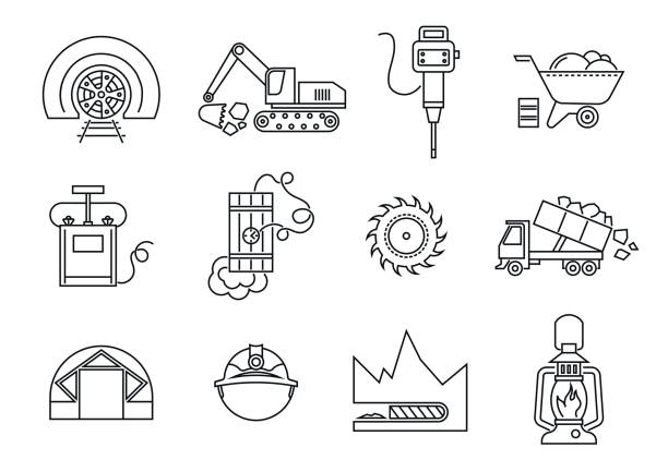 illustrations, cliparts, dessins animés et icônes de vecteur série d’icônes vectorielles mince ligne de forage des tunnels dans l’industrie minière. - pump shaft