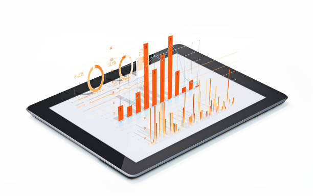 finanzielle diagramme und charts being projiziert aus a digital tablet - orange farbe grafiken stock-fotos und bilder
