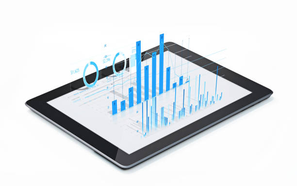 finanzielle diagramme und charts being projiziert aus a digital tablet - blau grafiken stock-fotos und bilder