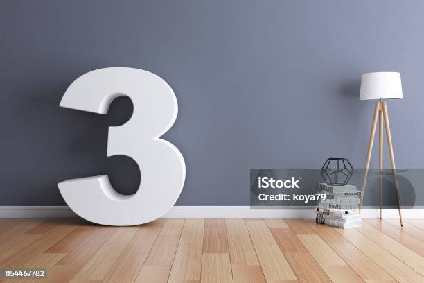 Mock Up Interior Font 3d Rendering Number 3 Stock Photo - Download Image Now - Number 3, Three Dimensional, White Color