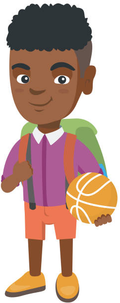 uczeń z plecakiem trzymającym koszykówkę - basketball little boys male young adult stock illustrations