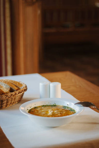 istock Nice vegetable soup at the table of restaurant. 854479196