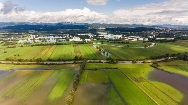 istock Aerial view of flooded fields. 854484752