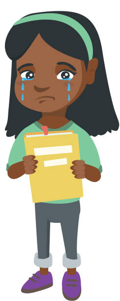 African upset girl with book shedding tears African-american upset little girl shedding tears and showing book. Sad girl crying and holding book in hands. Vector sketch cartoon illustration isolated on white background. sad african child drawings stock illustrations