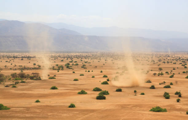 aerial view dust devils in the shompole conservancy area, near lake magadi, kenya - devils lake imagens e fotografias de stock