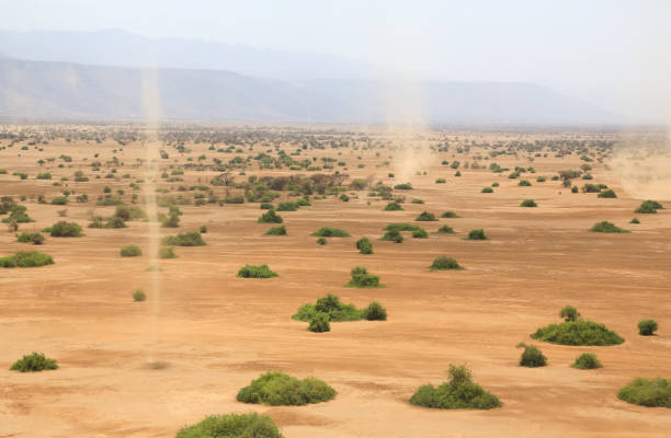 vista aérea dust devils na área de conservação shompole, perto do lago magadi, quênia - devils lake - fotografias e filmes do acervo