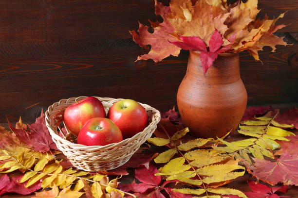 bodegón de otoño. manzanas rojas. - japanese maple autumn leaf tree fotografías e imágenes de stock