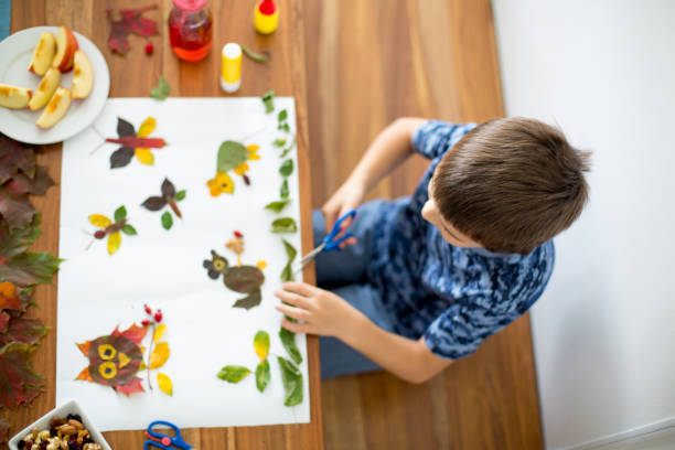 istock Sweet child, boy, applying leaves using glue 854494944