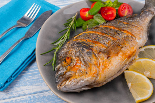 istock Grilled dorado on plate and wooden Background 854495534