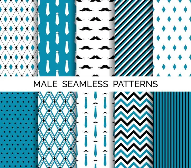 Vector illustration of Set of vector seamless male blue patterns