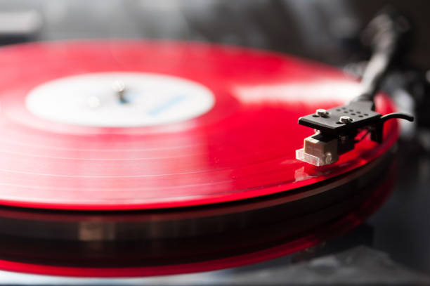 istock Close-up of red spinning vinyl with copy space 854498504