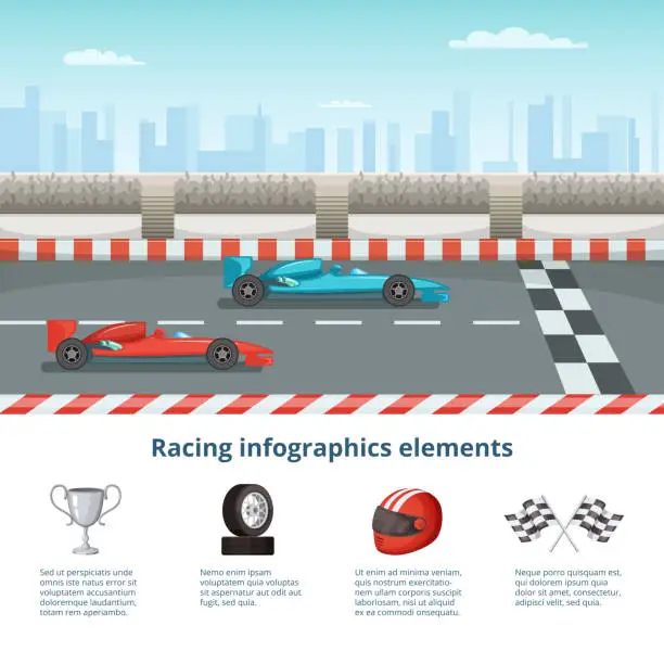 Vector illustration of Sport infographic with race cars of open-wheel single-seater racing car. Different cars and driver tools
