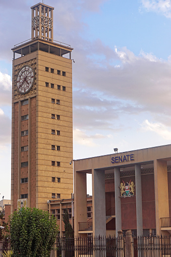 Nairobi, Kenya - July 09, 2017: Senate government building and clock tower in Nairobi, Kenya.