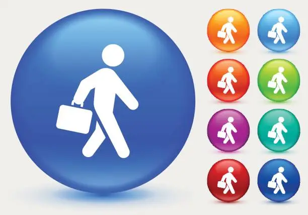 Vector illustration of Businessman Walking on Shiny Blue Round Button