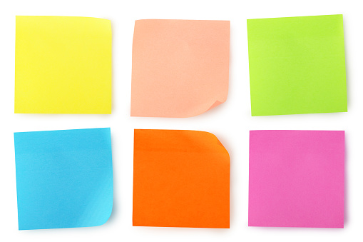 collection of six colorful blank notes on white