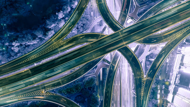 istock aerial view of highway interchange at night 854514570
