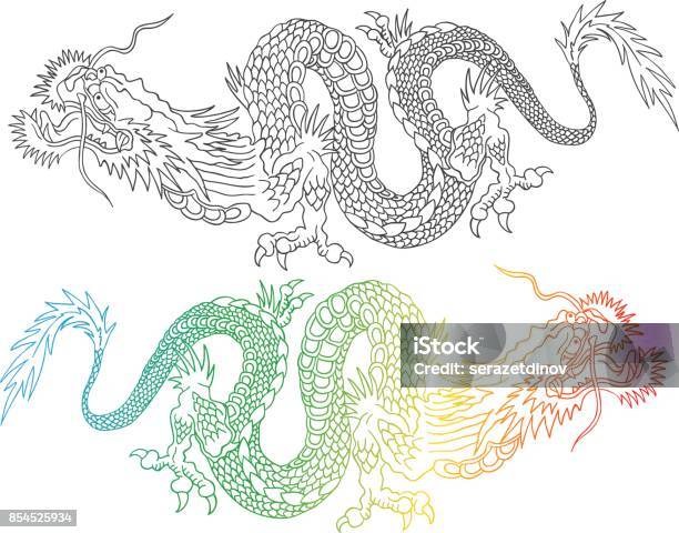 Colorful And Black Chinese Dragons Stock Illustration - Download Image Now - Dragon, Ancient, Animal