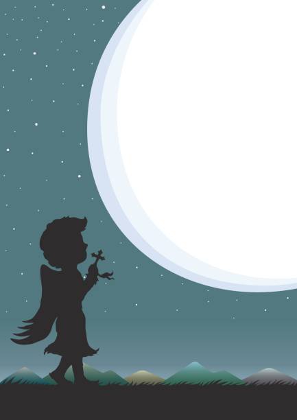 istock Night sky and starry with speech bubble or moonlight. Silhouette of angel praying at night. 854528302
