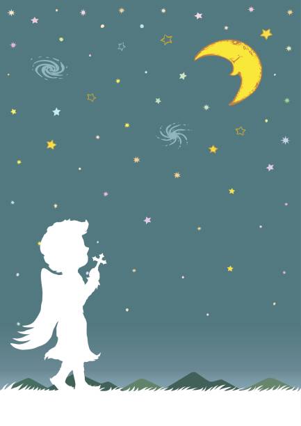 istock Night sky with crescent moon and stars. Silhouette of angel praying at night. 854528484
