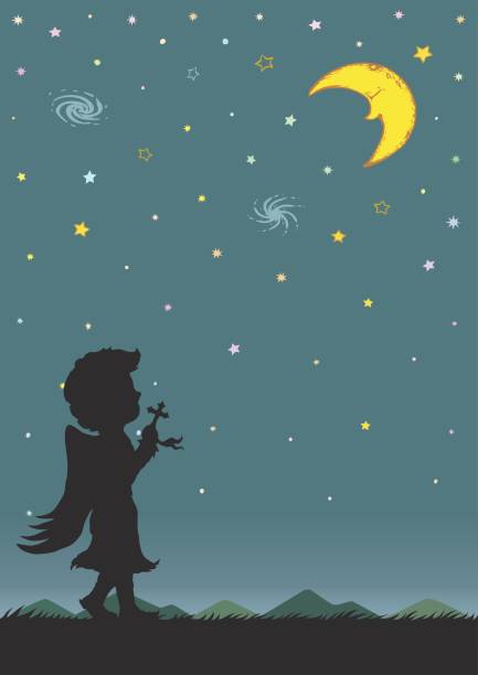 istock Night sky with crescent moon and stars. Silhouette of angel praying at night. 854528500