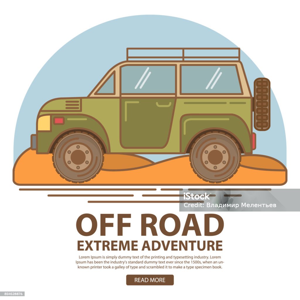 Off road truck car trips.The car-based SUV for a safari and an offroad racing.Extreme expedition.For travel on the bad and broken dirt roads. A vector in flat linear style. Four-wheel drive. Adventure stock vector