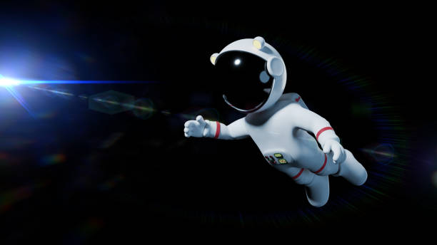 istock cute white cartoon astronaut flying in space lit by the Sun (3d rendering) 854532928