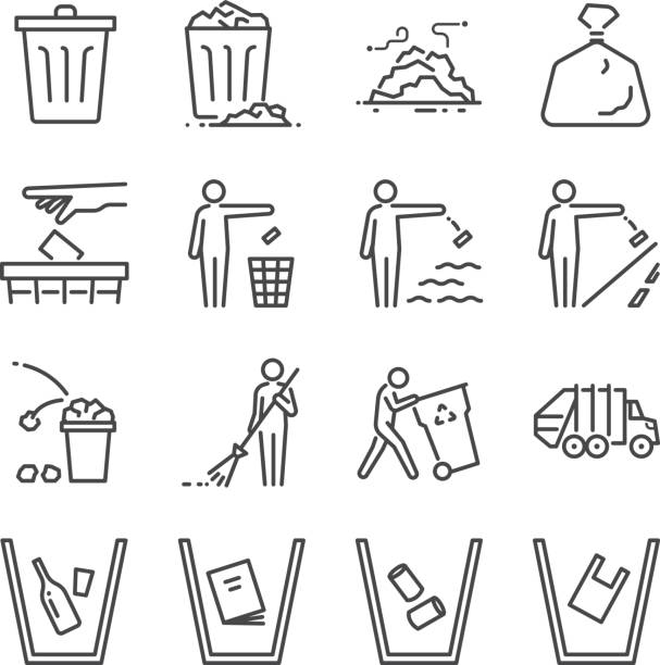 illustrazioni stock, clip art, cartoni animati e icone di tendenza di set di icone della linea cestino. incluse le icone come spazzatura, discarica, rifiuti, cestino, spazzatura, rifiuti e altro ancora. - garbage can