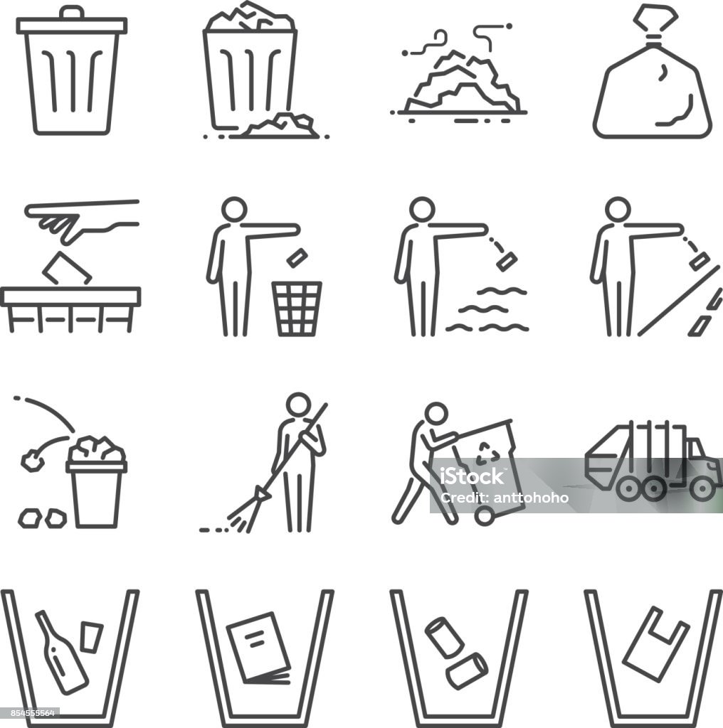 Trash line icon set. Included the icons as garbage, dump, refuse, bin, sweep, litter and more. Icon Symbol stock vector