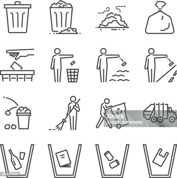 Trash Line Icon Set Included The Icons As Garbage Dump Refuse Bin Sweep Litter And More Stock Illustration - Download Image Now