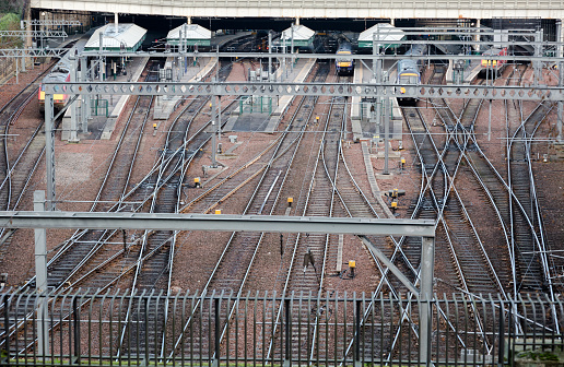 Rail trail in communication node at Edinburgh main train station. Aerial front view. Horizontal crop