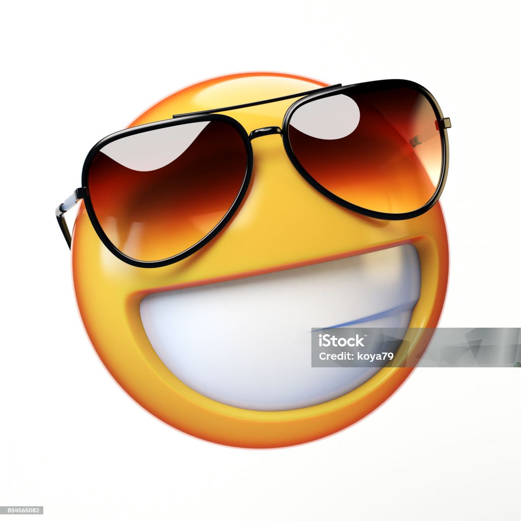 Emoji fresco aislado sobre fondo blanco, sonriendo emoticono con gafas de sol - Foto de stock de Emoticono libre de derechos